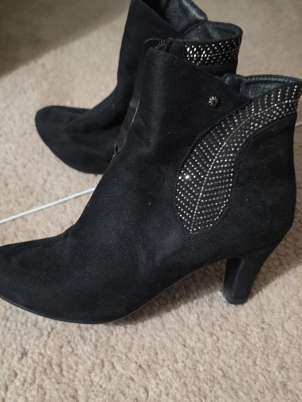 Black Suede Ankle Boots with Crystal Embellished Collar